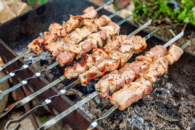 La carne se asa a la parrilla en una barbacoa en la naturaleza. De cerca. Actividades al aire libre y alimentación saludable.