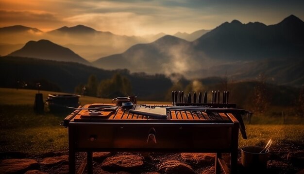 La carne asada chisporrotea en una fogata en medio de un paisaje montañoso generado por IA