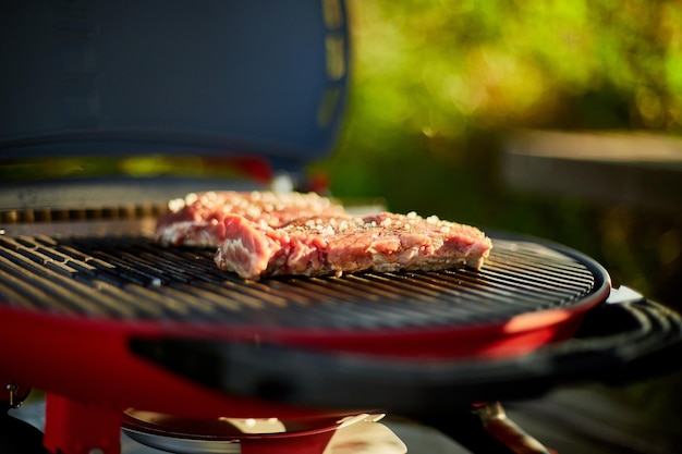 Carne asada en la parrilla de gas en la parrilla de la barbacoa al aire libre en el patio trasero carne de bistec a la parrilla