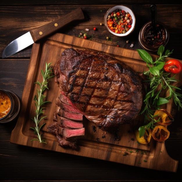 Carne asada a la parrilla con sal de ajo y pimienta en una tabla de cortar de madera de cocina rústica