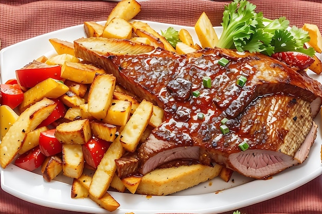 Carne asada con verduras y patatas fritas