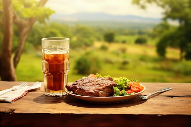 Foto carne assada e refrigerante para almoço na mesa de madeira com configuração ao ar livre e fundo de jardim