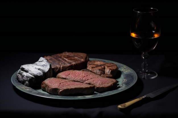 Carne assada em fatias num prato com um copo de vinho