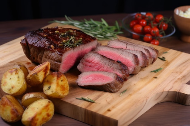 Carne assada em pedaços com batatas e romário em uma tábua de madeira