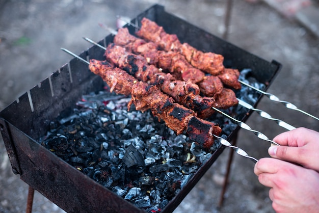 Carne assada, espetos com cebolas no espeto na grelha