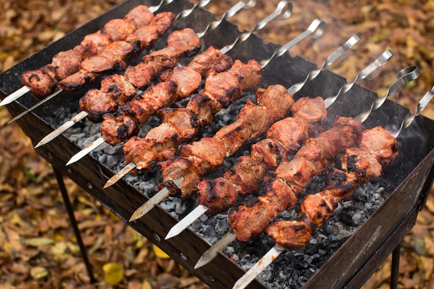 Carne assada no fogo espetadas de churrasco na grelha