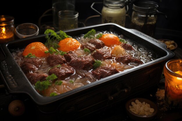 Carne en bandeja empapada en caldo