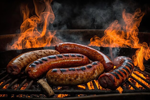 Carne a la barbacoa con fuego en el fondo oscuro IA generativa