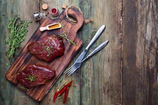 Carne de bistec cruda cruda con especias de pimienta, pimiento búlgaro y tomate