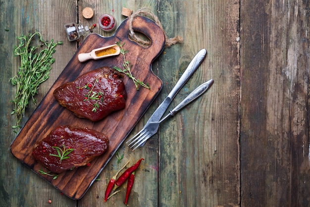 Carne de bistec cruda cruda con especias de pimienta, pimiento búlgaro y tomate