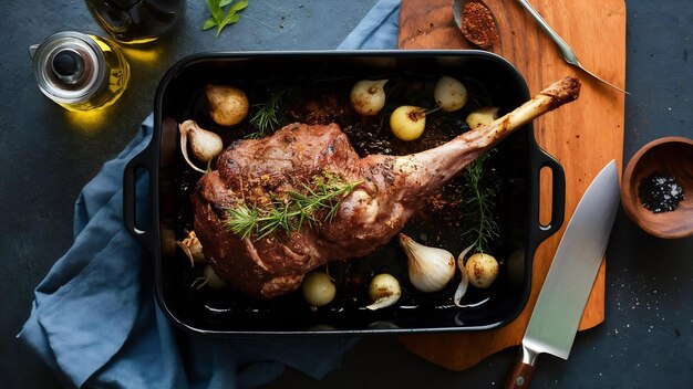 Foto carne de carne de cordero islandesa precocida con especias y hierbas y cebollas pequeñas en horneado negro