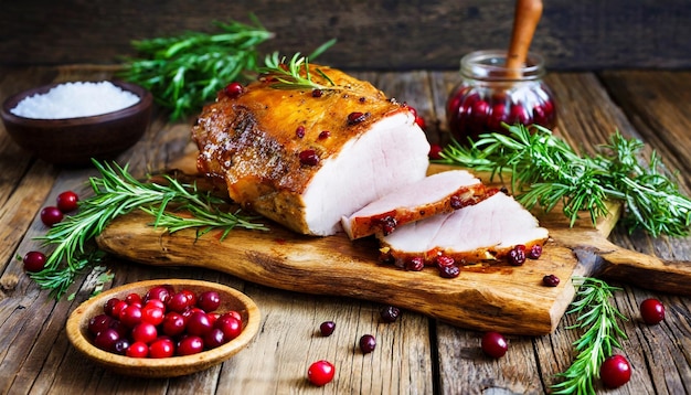 Carne de cerdo al horno en una tabla de corte de madera rústica con especias, hierbas y arándanos