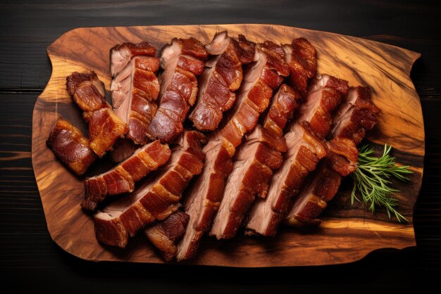 Carne de cerdo asada en rodajas en una tabla de cortar de madera