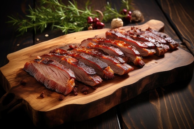 Carne de cerdo asada en rodajas en una tabla de cortar de madera