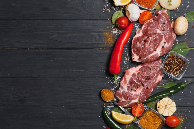 Carne de cerdo cruda con especias y verduras en mesa de madera