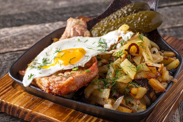 Carne de cerdo frita con patatas y huevo.