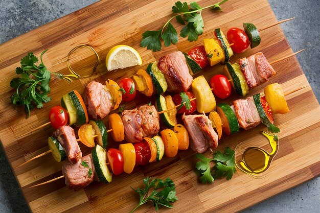 Foto carne de cerdo y verduras en la tabla de cortar con hierbas frescas