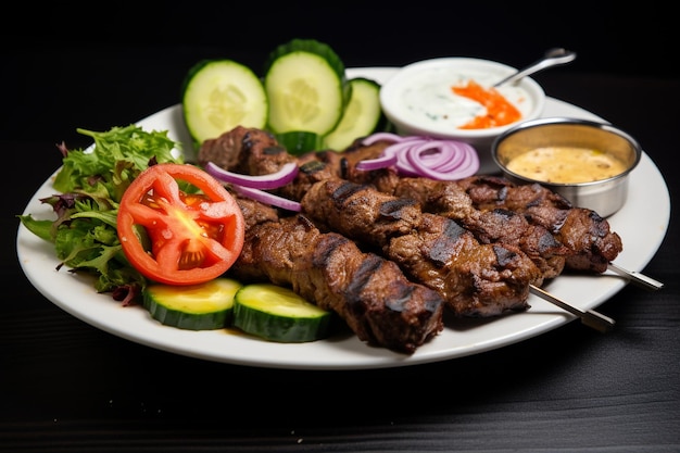 Carne cocida y kebab de verduras en un plato blanco