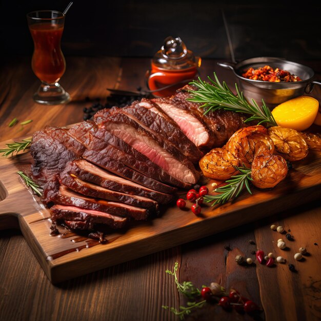 Foto carne cocida en el tablero de madera