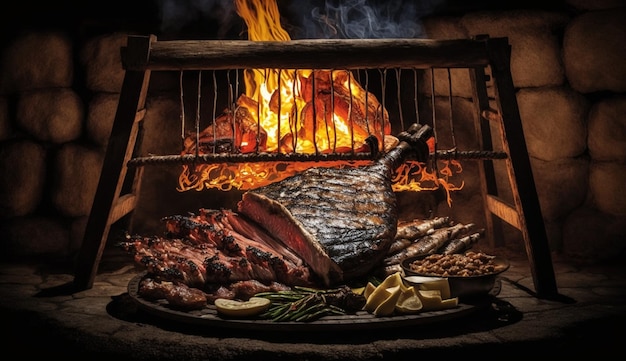 Carne cocinada a la parrilla humo y llamas IA generativa