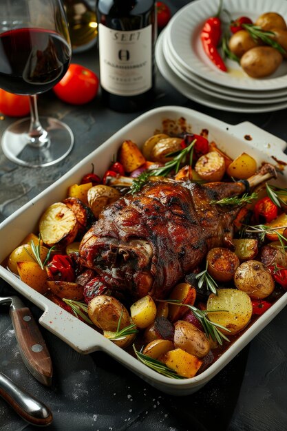 Foto carne com batatas e ervas