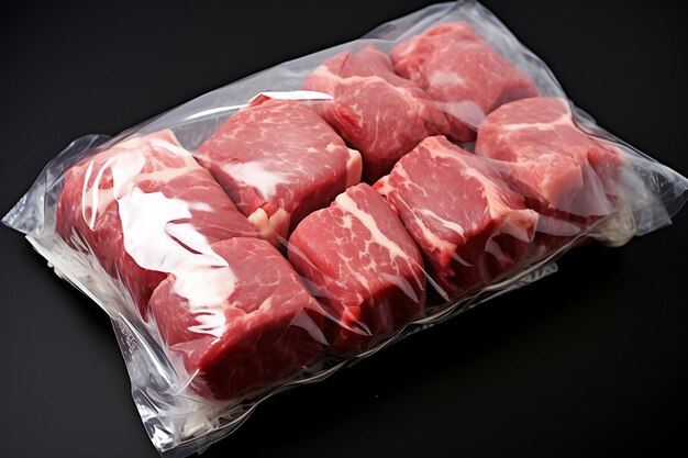 Carne congelada e produtos de carne congelados em embalagens de plástico no congelador