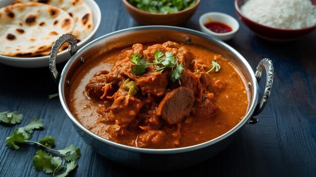 Foto carne de cordero o gosht masala o cordero indio rogan josh con algunas especias servido con naan o roti sel