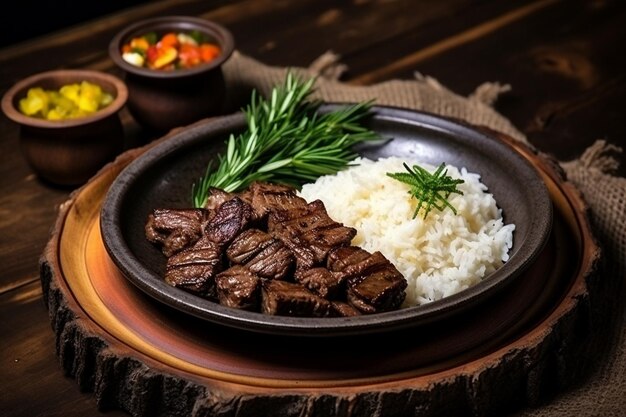 La carne cortada está en los platos de madera originales.