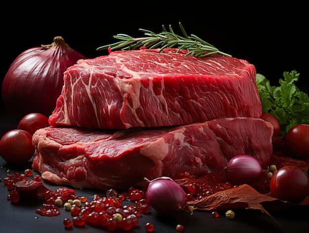 Carne crua com ervas e especiarias em uma placa de madeira Generative AI