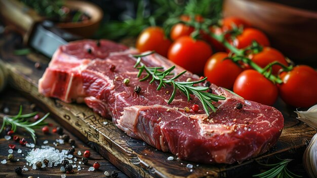 Carne crua, ervas e tomates na tábua de cortar