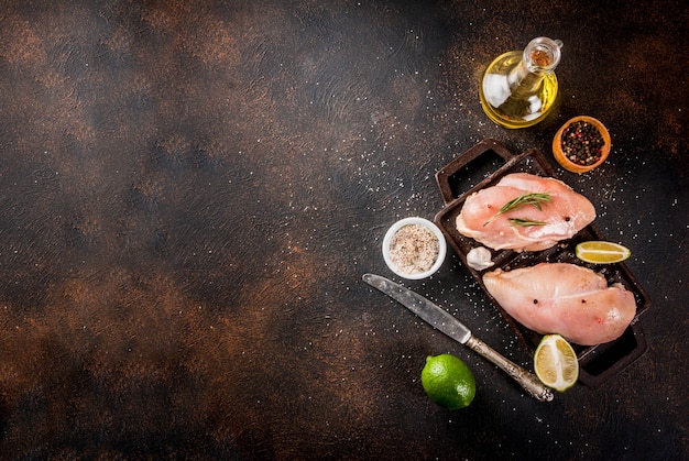 Carne crua, pronta para filé de peito de frango grelhado ou churrasco, com azeite de oliva, ervas e especiarias em fundo enferrujado escuro, cópia espaço vista superior