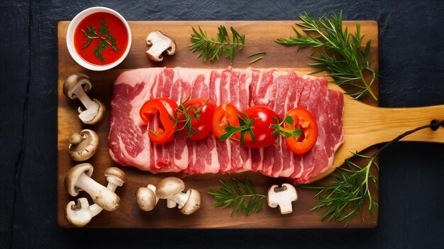 Carne crua salgada na tábua de madeira com legumes, cogumelos, pimenta, molho de tomate, vista lateral