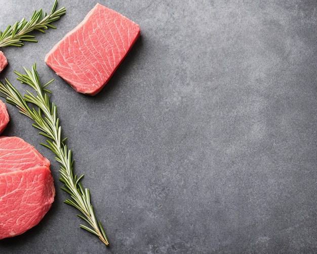 carne cruda con especias y hierbas sobre una tabla de madera. vista superior.