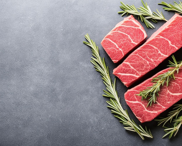 carne cruda con especias y hierbas sobre una tabla de madera. vista superior.