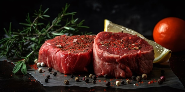 Foto carne cruda fresca a bordo con especias sobre fondo oscuro