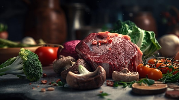 Carne cruda fresca con verduras y especias sobre un fondo oscuro generativo ai