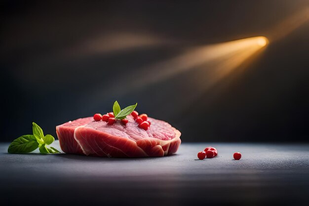 Foto carne cruda con hierbas y especias en superficie oscura