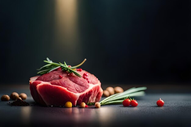 Foto carne cruda con hierbas y especias en superficie oscura