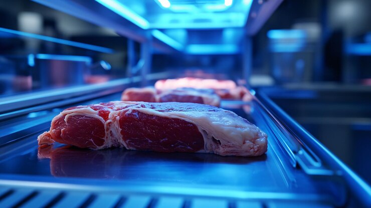 Carne cultivada en laboratorio en una cocina futurista primer plano de carne sintética con herramientas de preparación de alta tecnología alrededor de superficies metálicas iluminación azul fresco un entorno estéril y minimalista