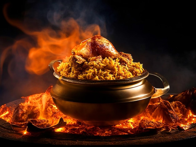 Carne de carneiro e frango em tigela dourada dum biryani com fundo de fumaça de fogo à noite imagem livre