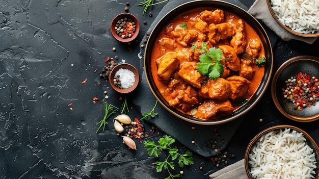 Carne de frango com molho de tikka masala comida picante de curry em uma tigela com arroz e temperos vista superior