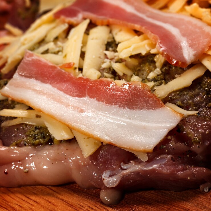 Foto carne de frango com queijo ralado, bacon e especiarias.
