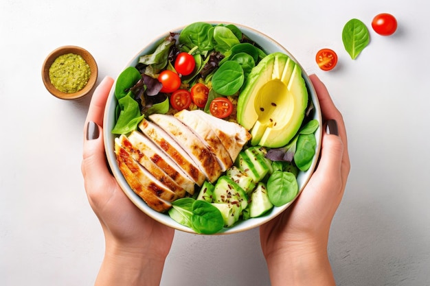 Foto carne de frango grelhado e salada de legumes frescos de tomate, abacate, alface e espinafre