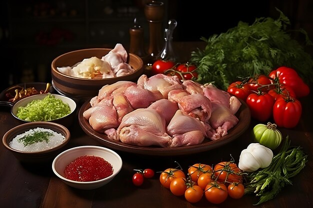 Carne de frango, legumes frescos e temperos prontos para cozinhar IA generativa