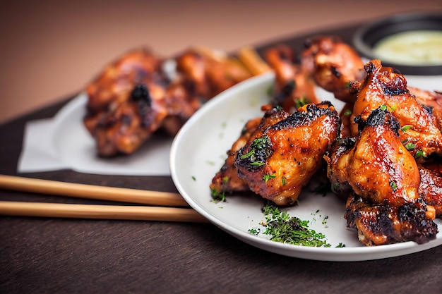 Carne de frango para churrasco com ervas servidas em um prato branco em uma mesa escura ilustração 3d