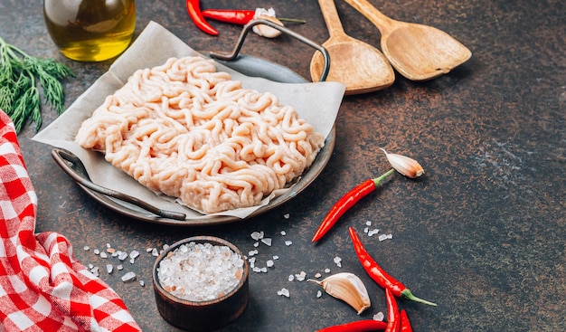 Carne de frango picada crua no prato na carne moída de fundo cinza com ingredientes para cozinhar