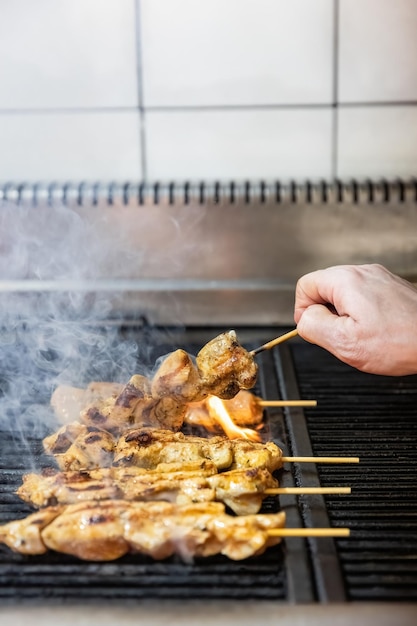 Carne de frango tradicional grega souvlaki grelhado em um foco seletivo de fogo de churrasco