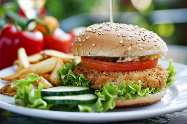 Foto carne de hambúrguer, frango, alface, pepino, tomate, vista de lado