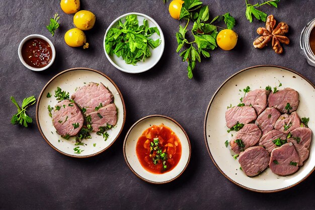 Carne de lombo de porco assado para churrasco em prato moderno com ervas Fundo preto e elegante Vista superior