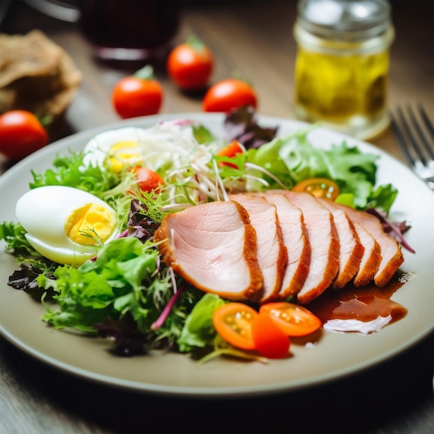 Carne de peixe de pato com salada de vegetais